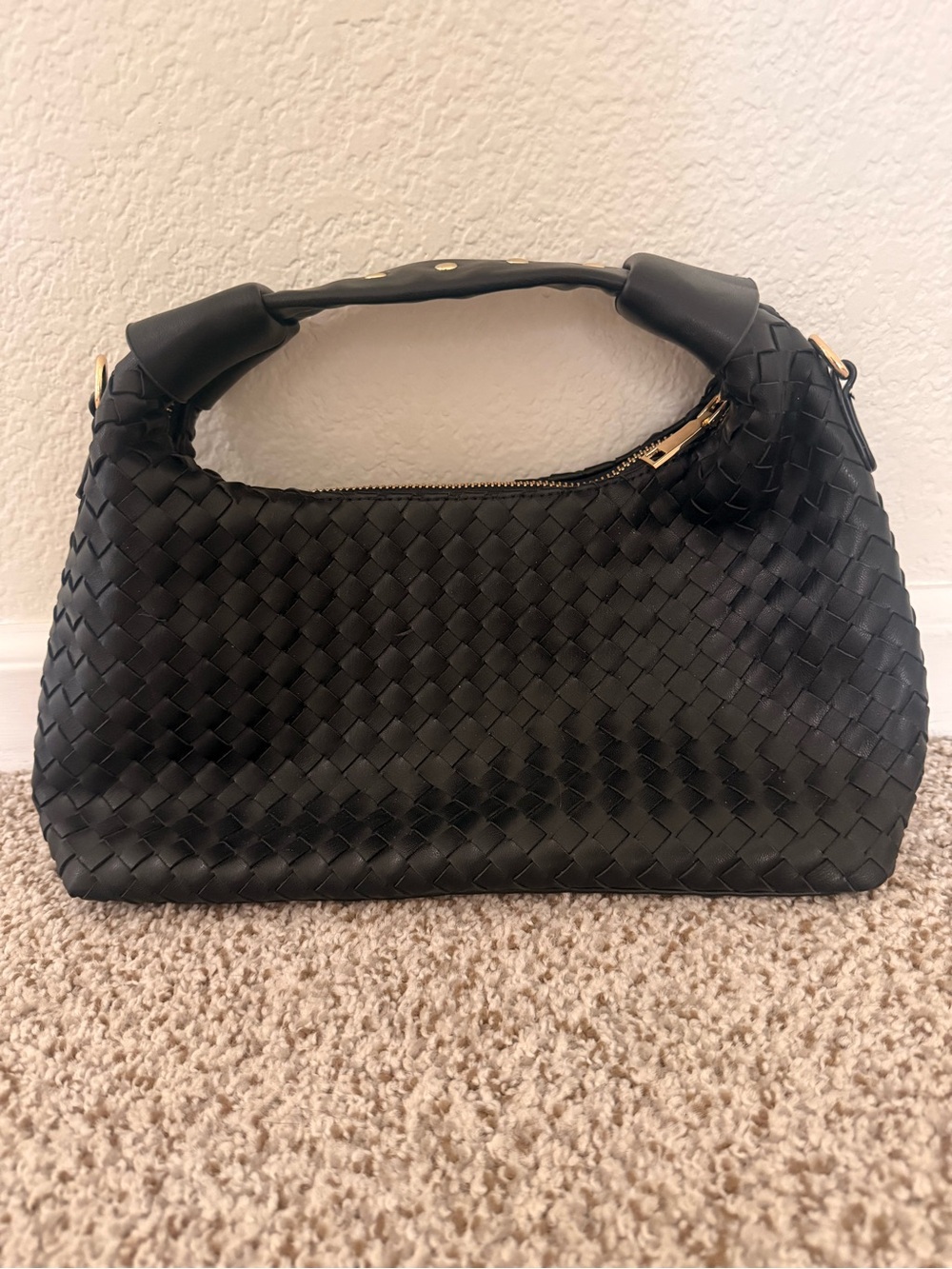 Black Faux Woven Leather Shoulder Bag with detachable chain strap